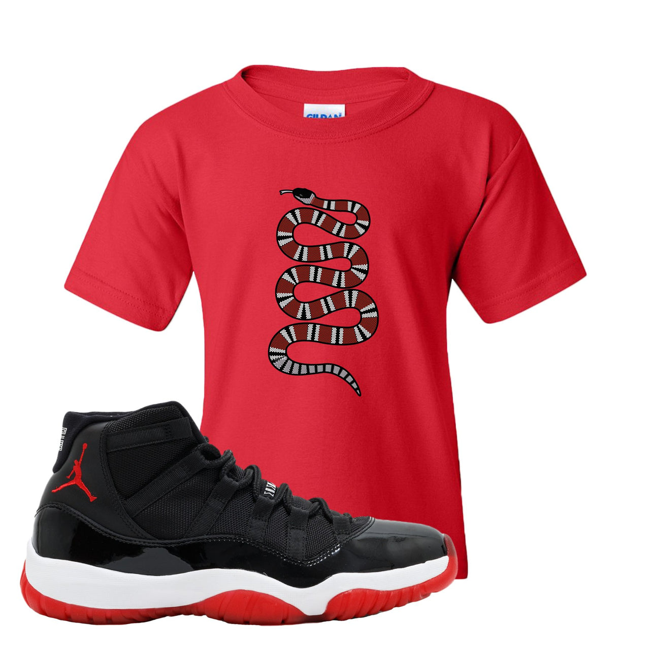 Jordan 11 Bred Coiled Snake Red Sneaker Hook Up Kid's T-Shirt