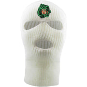 Embroidered on the front of the medusa white ski mask is the medusa logo