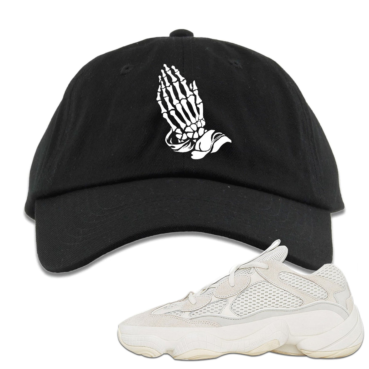 Bone White 500s Dad Hat | Praying Skeleton Hands, Black