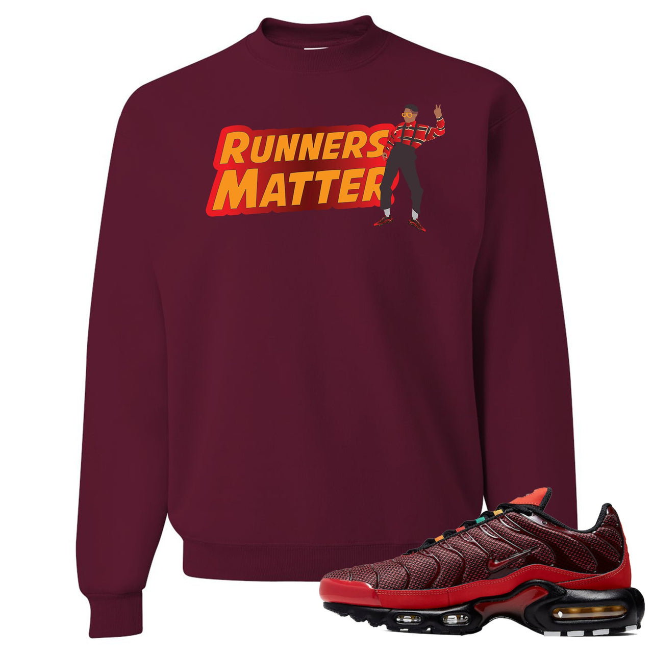 printed on the front of the air max plus sunburst sneaker matching maroon crewneck sweatshirt is the runners matter logo
