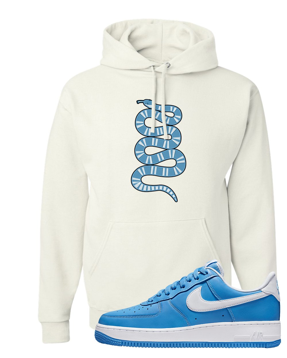 University Blue Low AF1s Hoodie | Coiled Snake, White