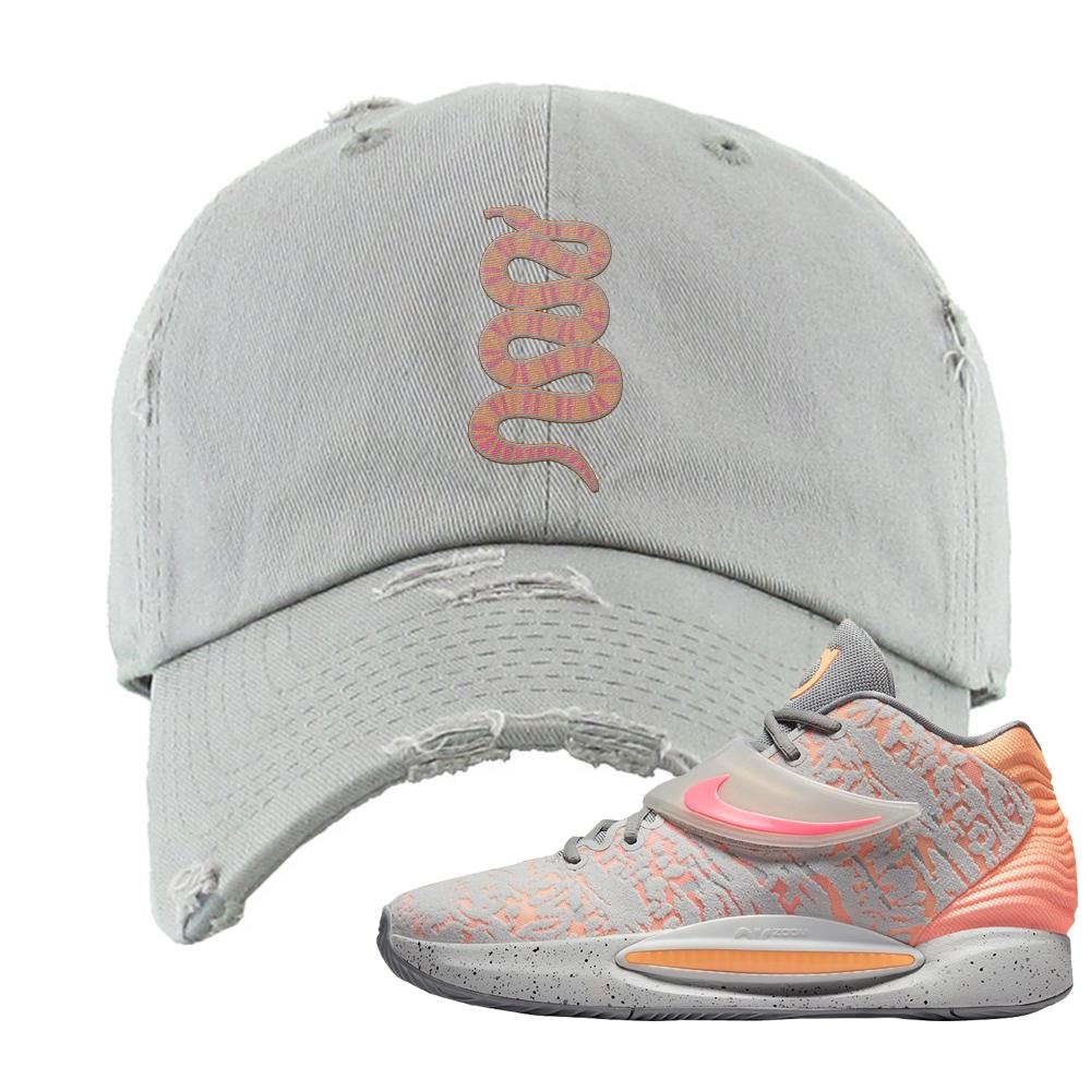 Sunset KD 14s Distressed Dad Hat | Coiled Snake, Light Gray