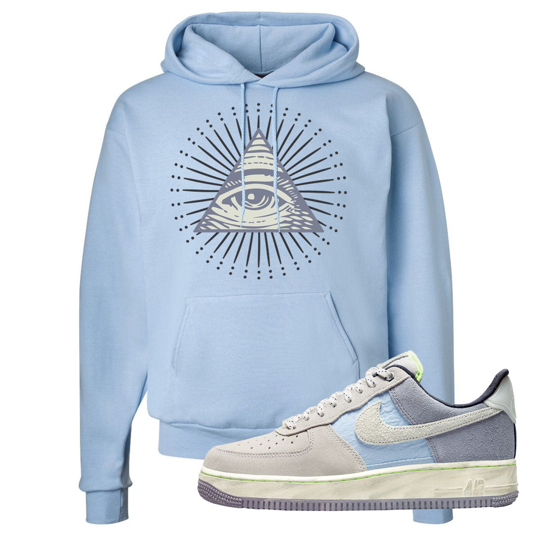 Womens Mountain White Blue AF 1s Hoodie | All Seeing Eye, Light Blue