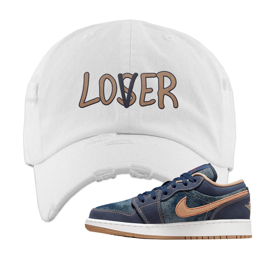 Denim Gum Bottom Low 1s Distressed Dad Hat | Lover, White