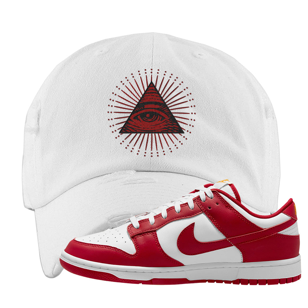 Red White Yellow Low Dunks Distressed Dad Hat | All Seeing Eye, White