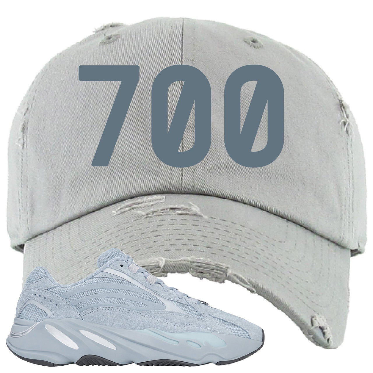 Yeezy Boost 700 V2 Hospital Blue 700 Sneaker Matching Light Gray Distressed Dad Hat