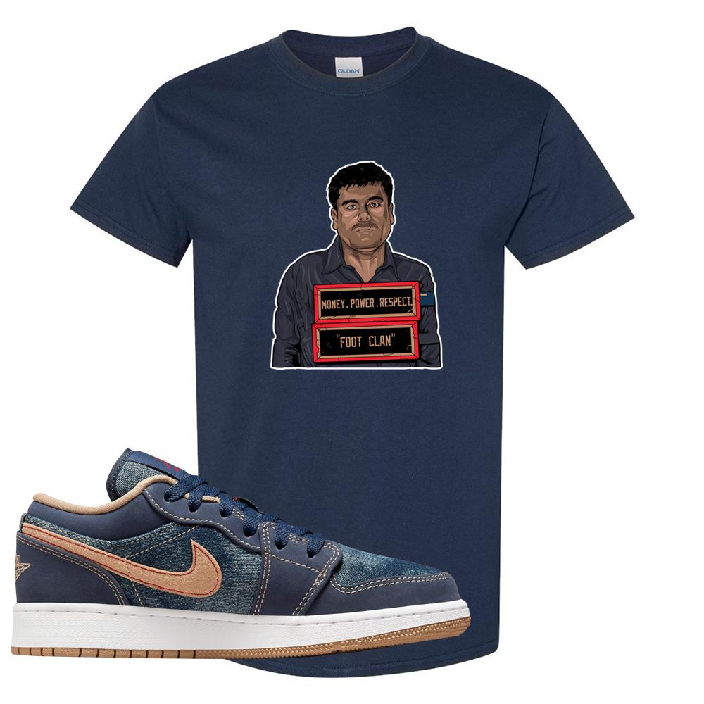 Denim Gum Bottom Low 1s T Shirt | El Chapo Illustration, Navy Blue