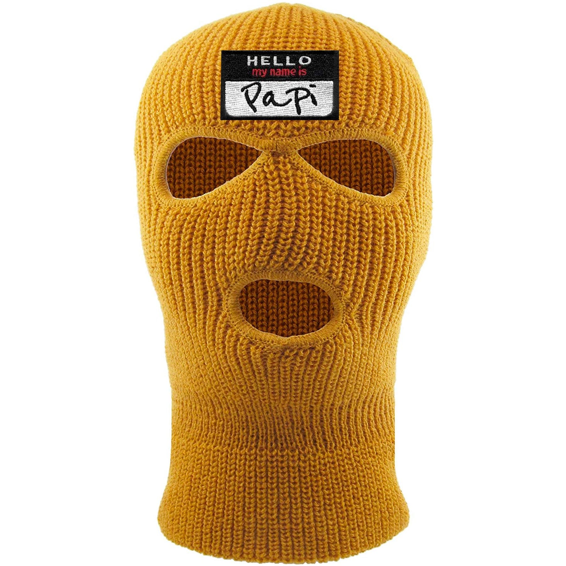 Embroidered on the front of the timberland ski mask is the hello my name is papi logo embroidered in black, white, and red