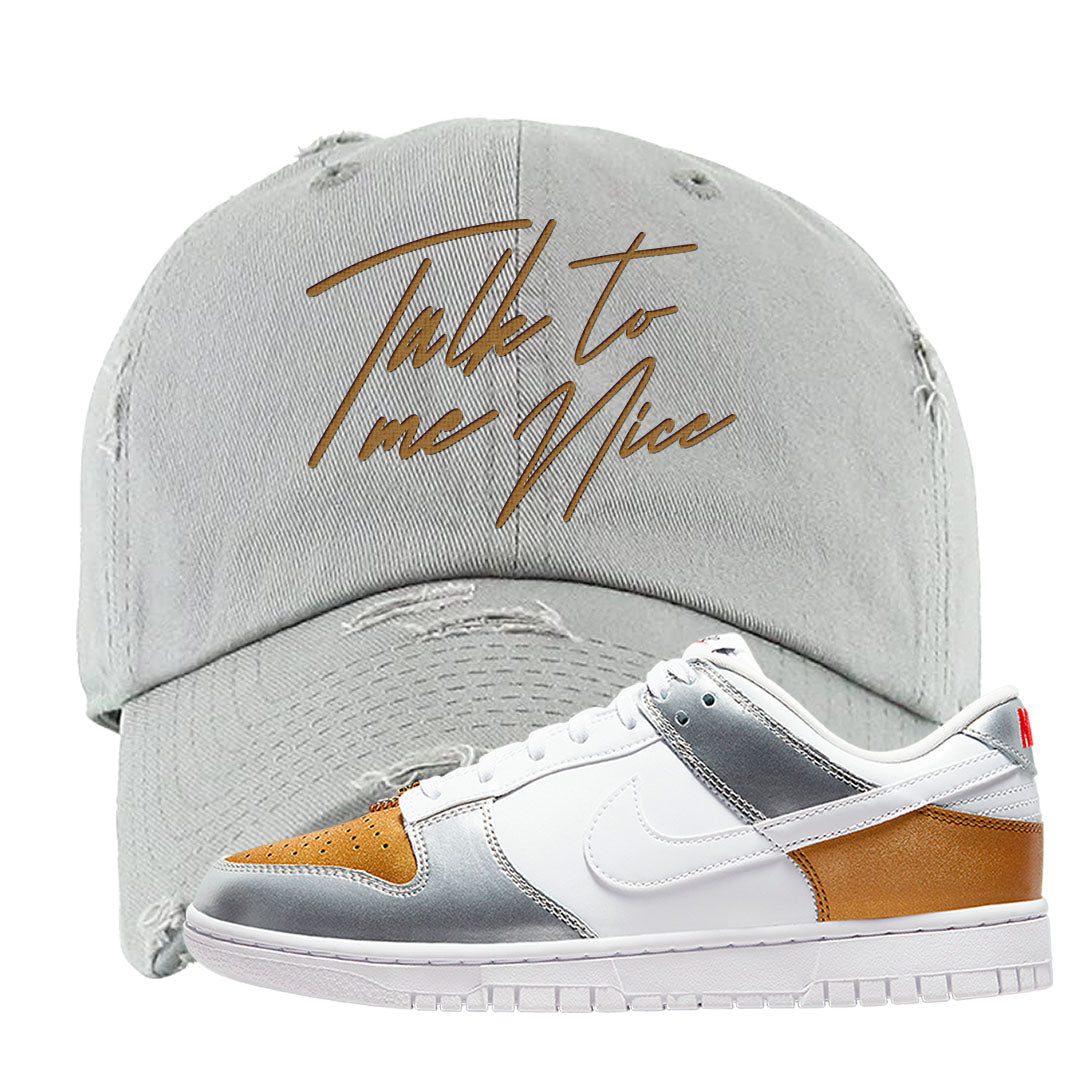 Gold Silver Red Low Dunks Distressed Dad Hat | Talk To Me Nice, Light Gray