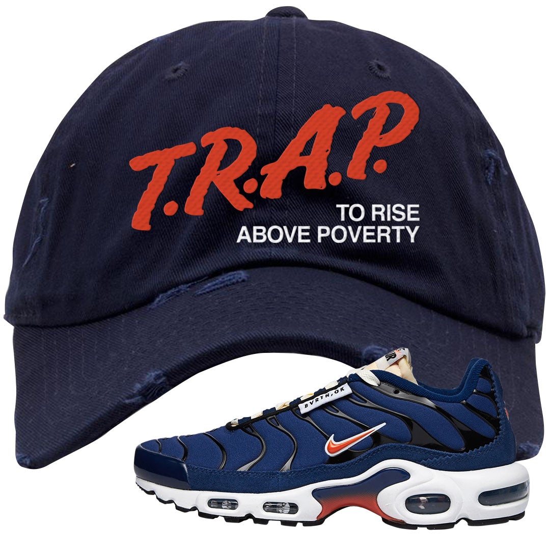 Obsidian AMRC Pluses Distressed Dad Hat | Trap To Rise Above Poverty, Navy Blue