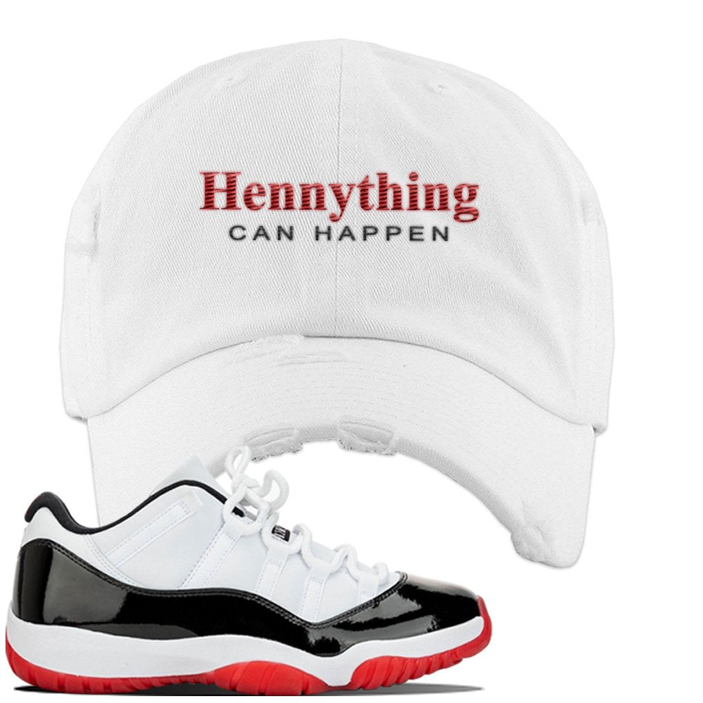 Jordan 11 Low White Black Red Sneaker White Distressed Dad Hat | Hat to match Nike Air Jordan 11 Low White Black Red Shoes | HennyThing Is Possible