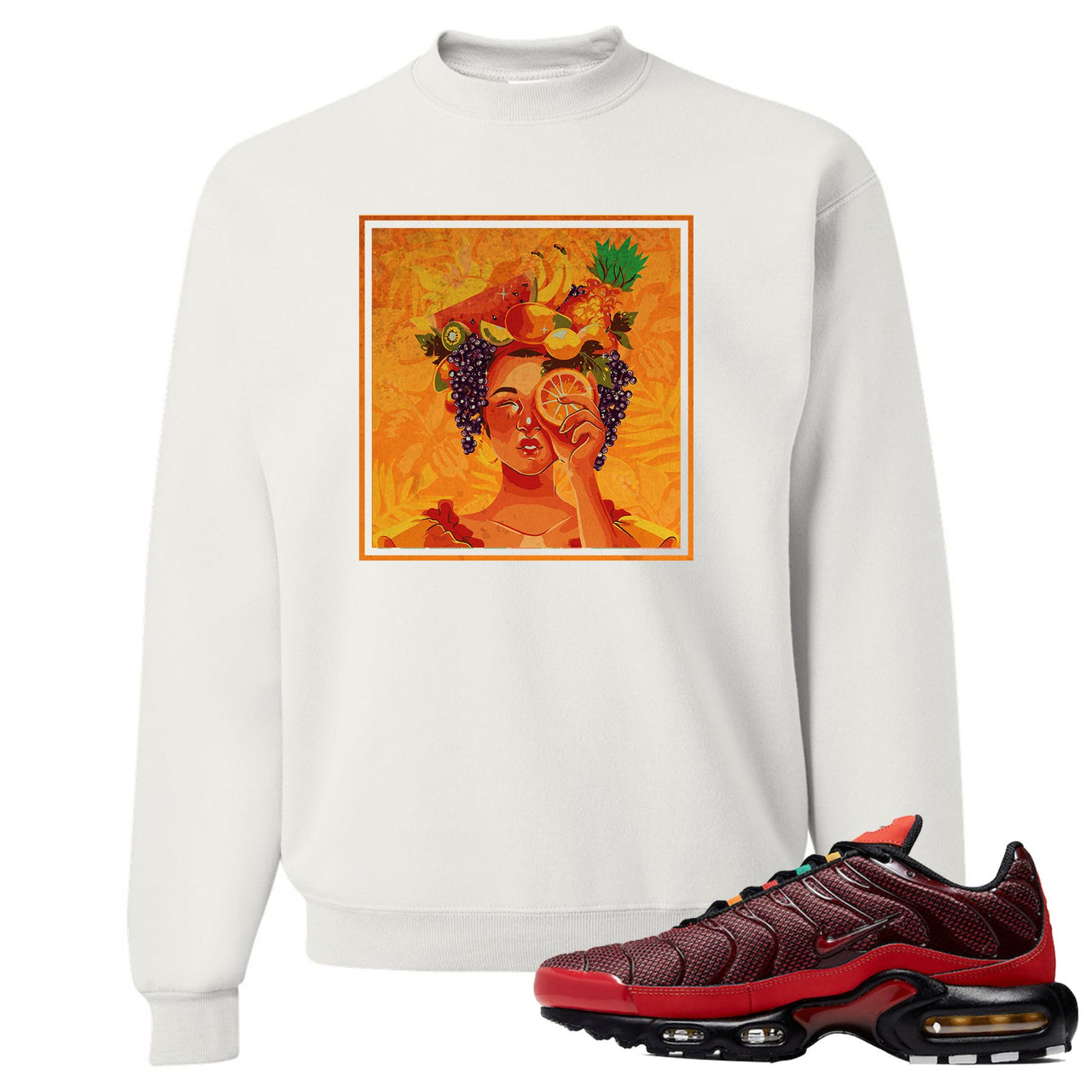 printed on the front of the air max plus sunburst sneaker matching white crewneck sweatshirt is the lady fruit logo