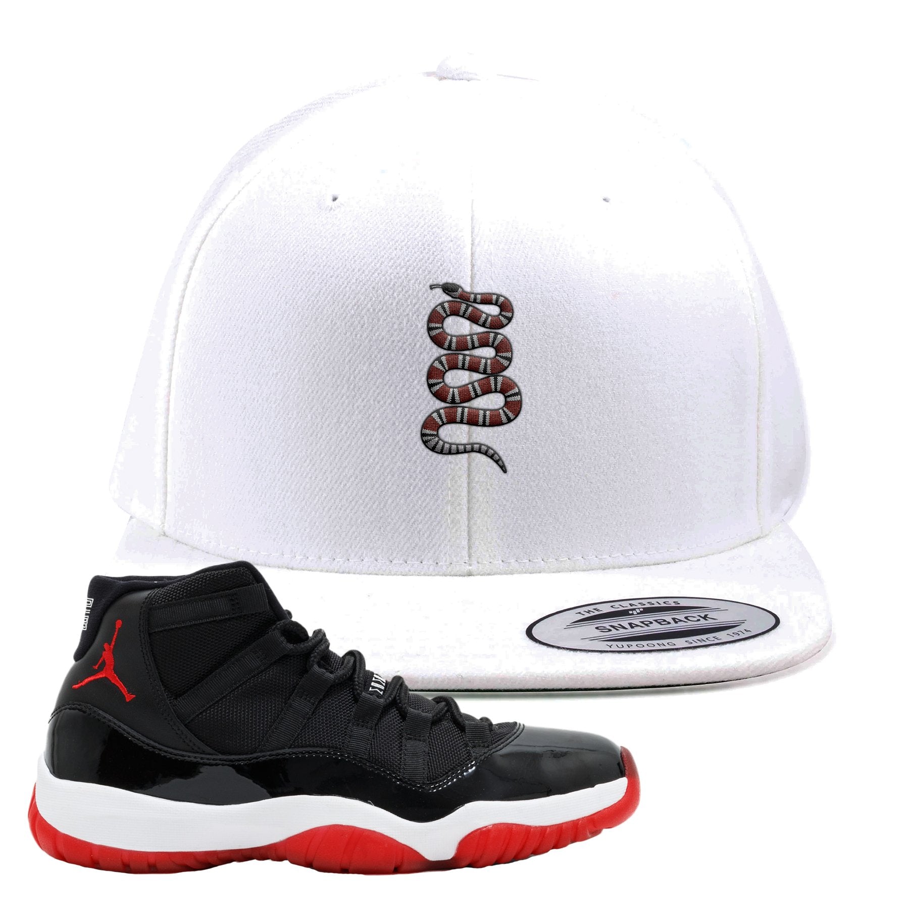 Jordan 11 Bred Coiled Snake White Sneaker Hook Up Snapback Hat
