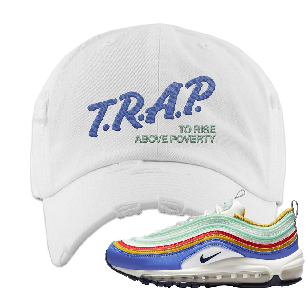 Multicolor 97s Distressed Dad Hat | Trap To Rise Above Poverty, White