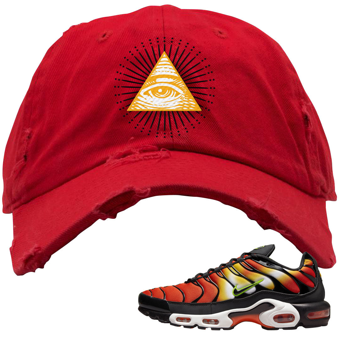 Sunset Gradient Pluses Distressed Dad Hat | All Seeing Eye, Red