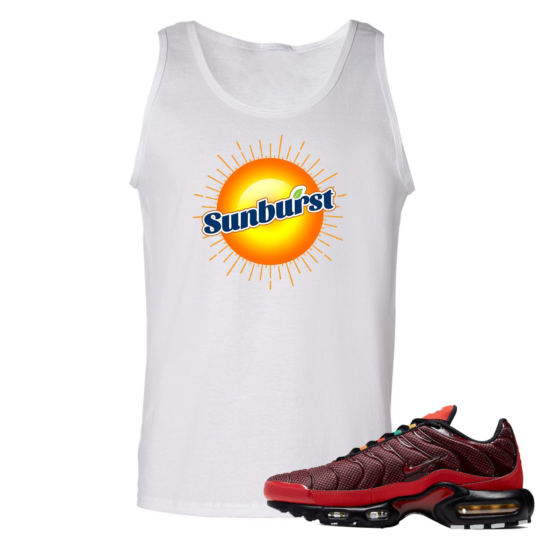 printed on the front of the air max plus sunburst sneaker matching white tank top is the sunburst soda logo