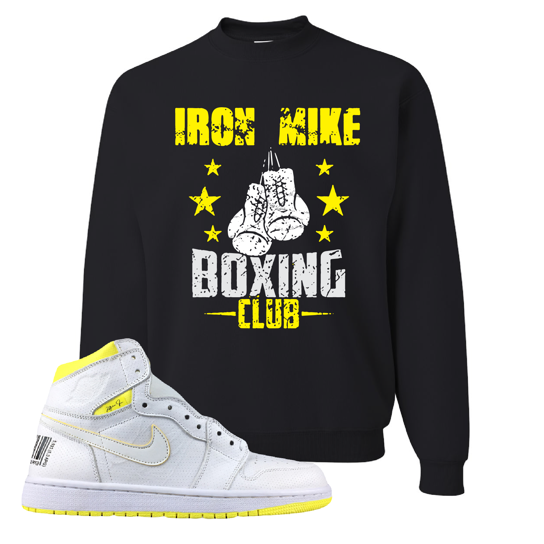 Air Jordan 1 First Class Flight Iron Mike Boxing Club Sneaker Matching Black Crewneck Sweatshirt