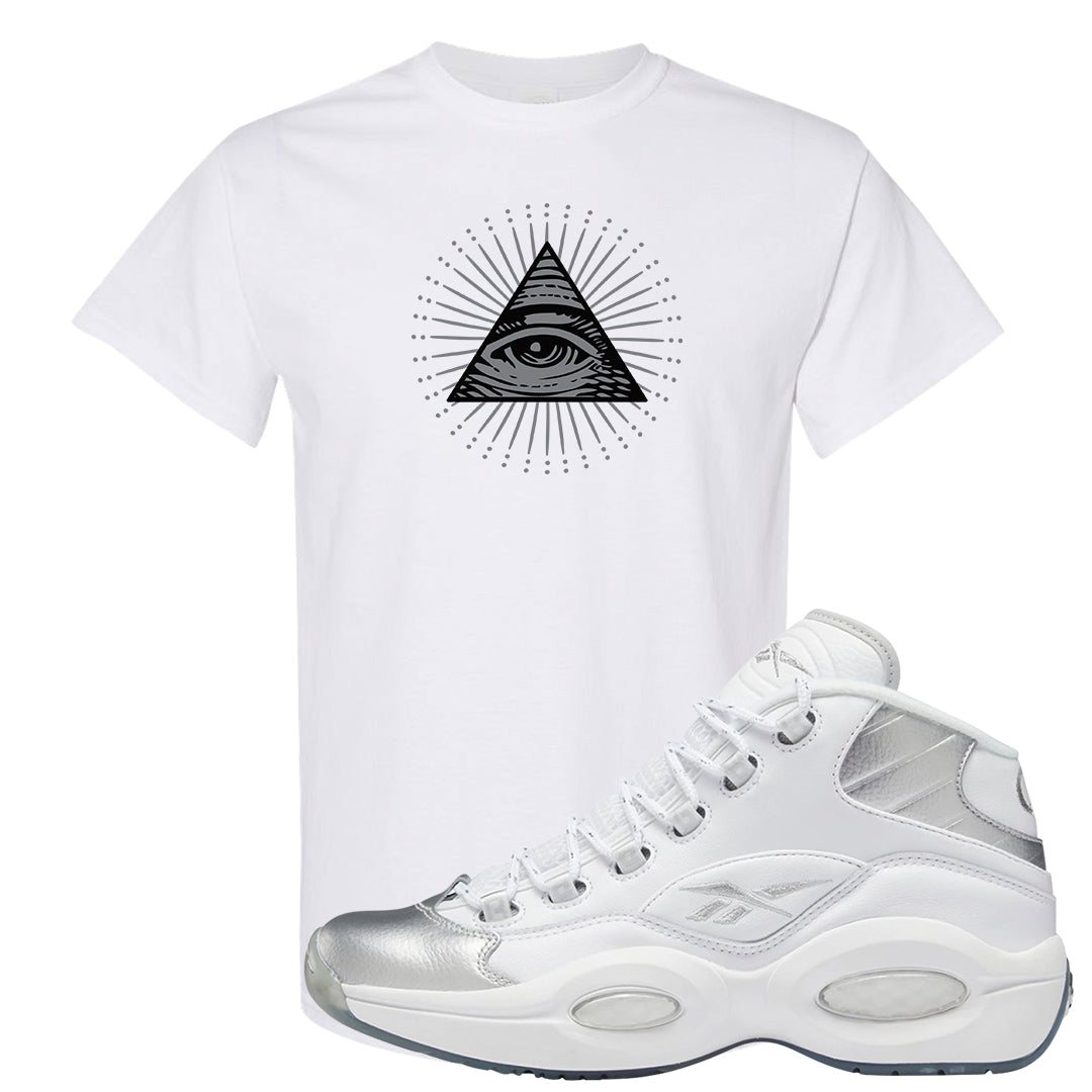 25th Anniversary Mid Questions T Shirt | All Seeing Eye, White