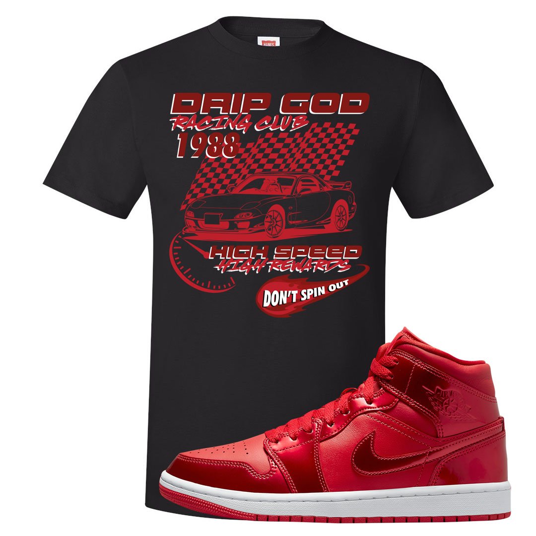 University Red Pomegranate Mid 1s T Shirt | Drip God Racing Club, Black