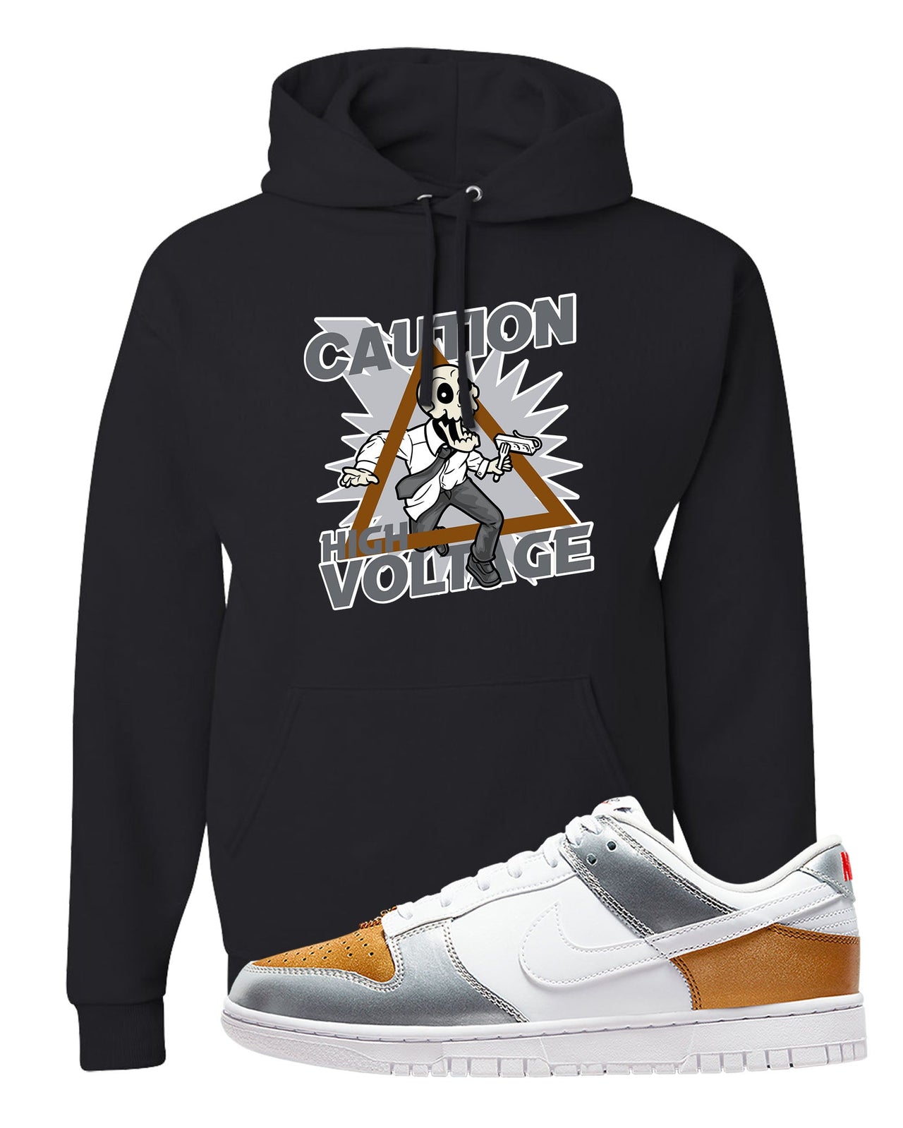 Gold Silver Red Low Dunks Hoodie | Caution High Voltage, Black