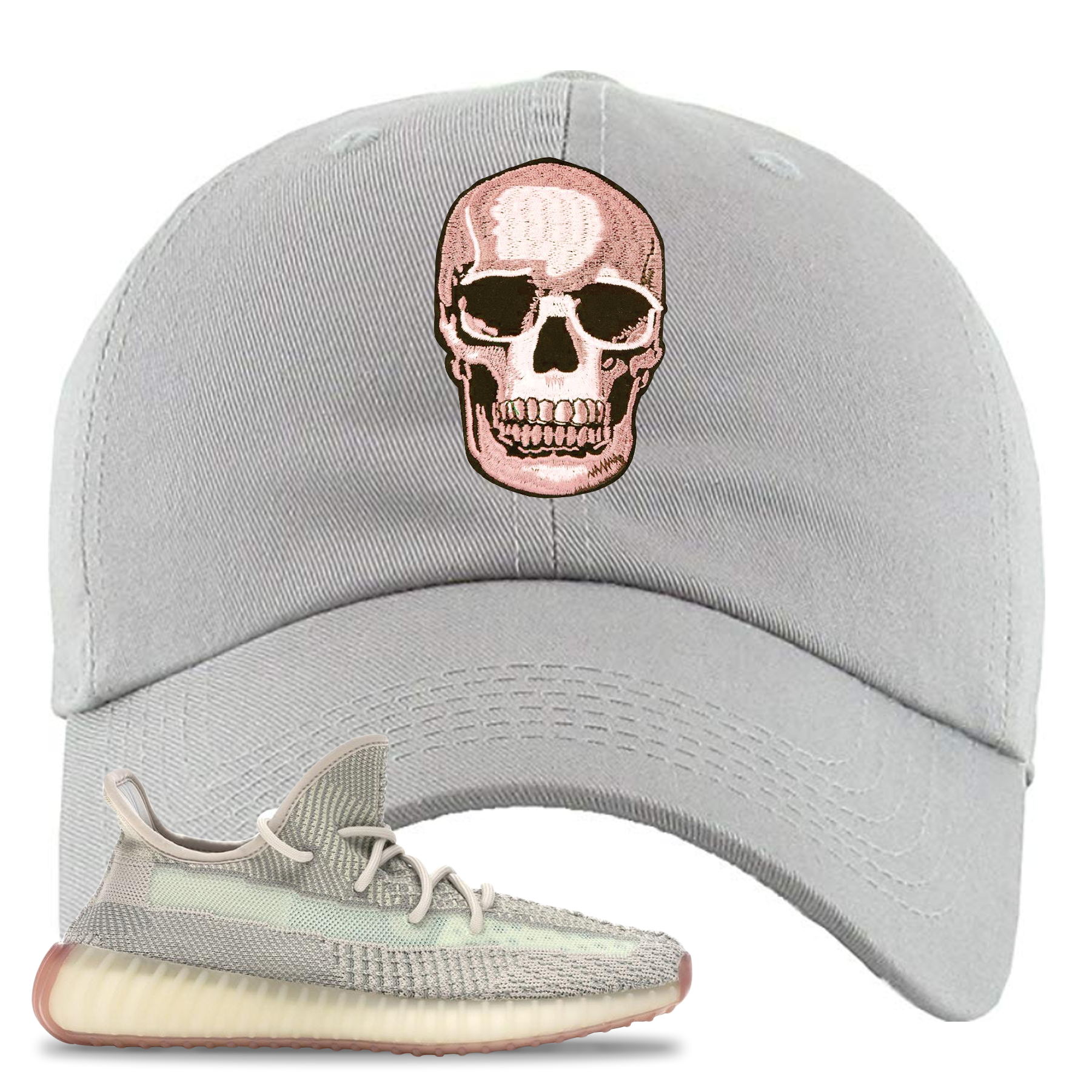 Yeezy Boost 350 V2 Citrin Non-Reflective Skull Light Gray Sneaker Matching Dad Hat