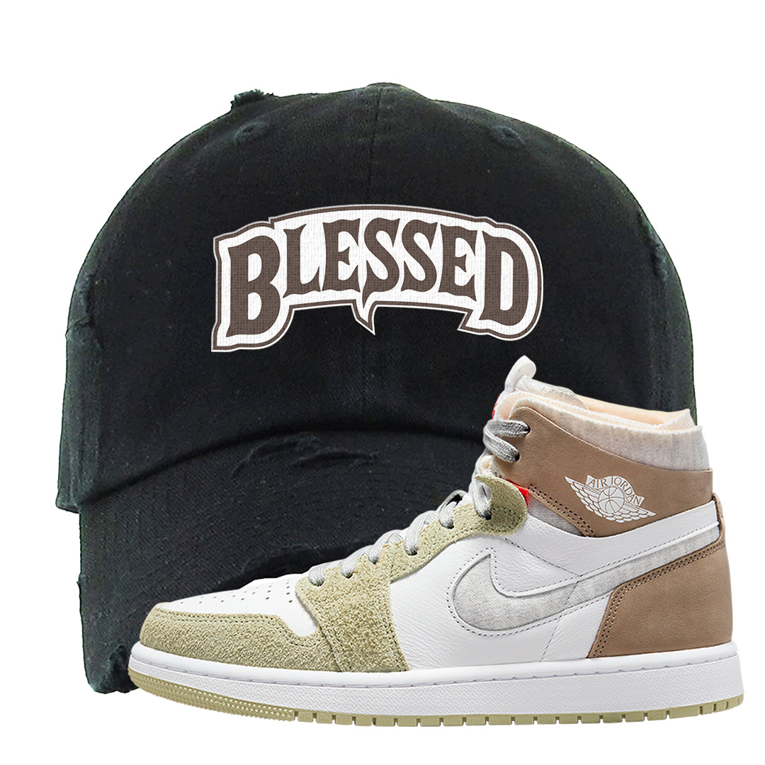 Zoom CMFT Olive Aura 1s Distressed Dad Hat | Blessed Arch, Black