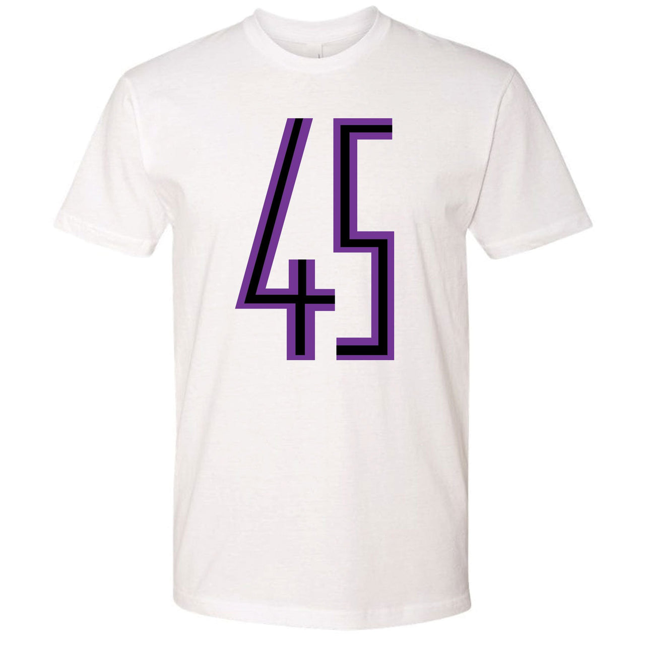Printed on the front of the Jordan 11 Concord 45s white sneaker matching t-shirt is the Jordan 45 logo printed in black and purple