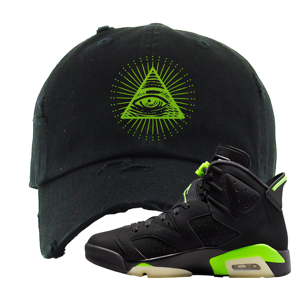 Electric Green 6s Distressed Dad Hat | All Seeing Eye, Black