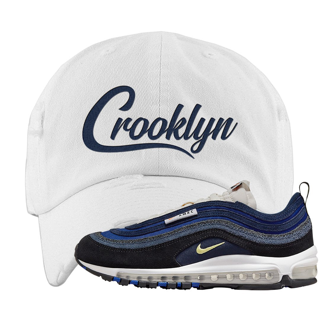 Navy Suede AMRC 97s Distressed Dad Hat | Crooklyn, White