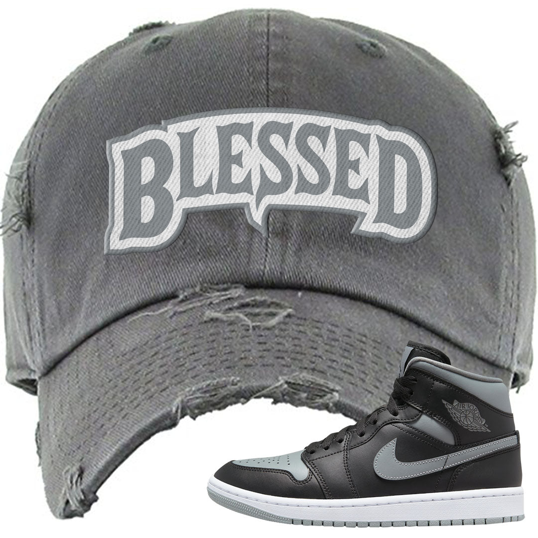 Alternate Shadow Mid 1s Distressed Dad Hat | Blessed Arch, Dark Gray