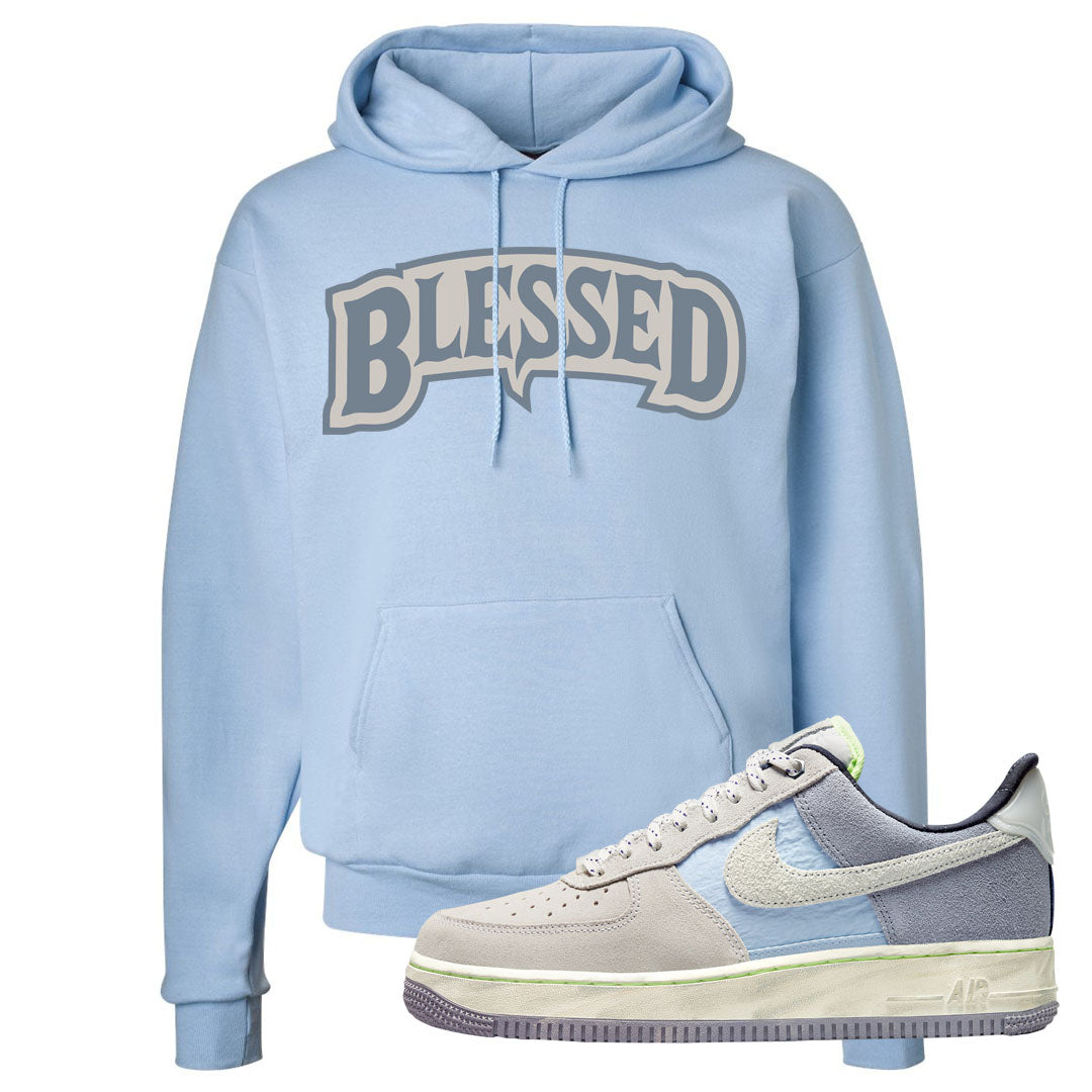 Womens Mountain White Blue AF 1s Hoodie | Blessed Arch, Light Blue