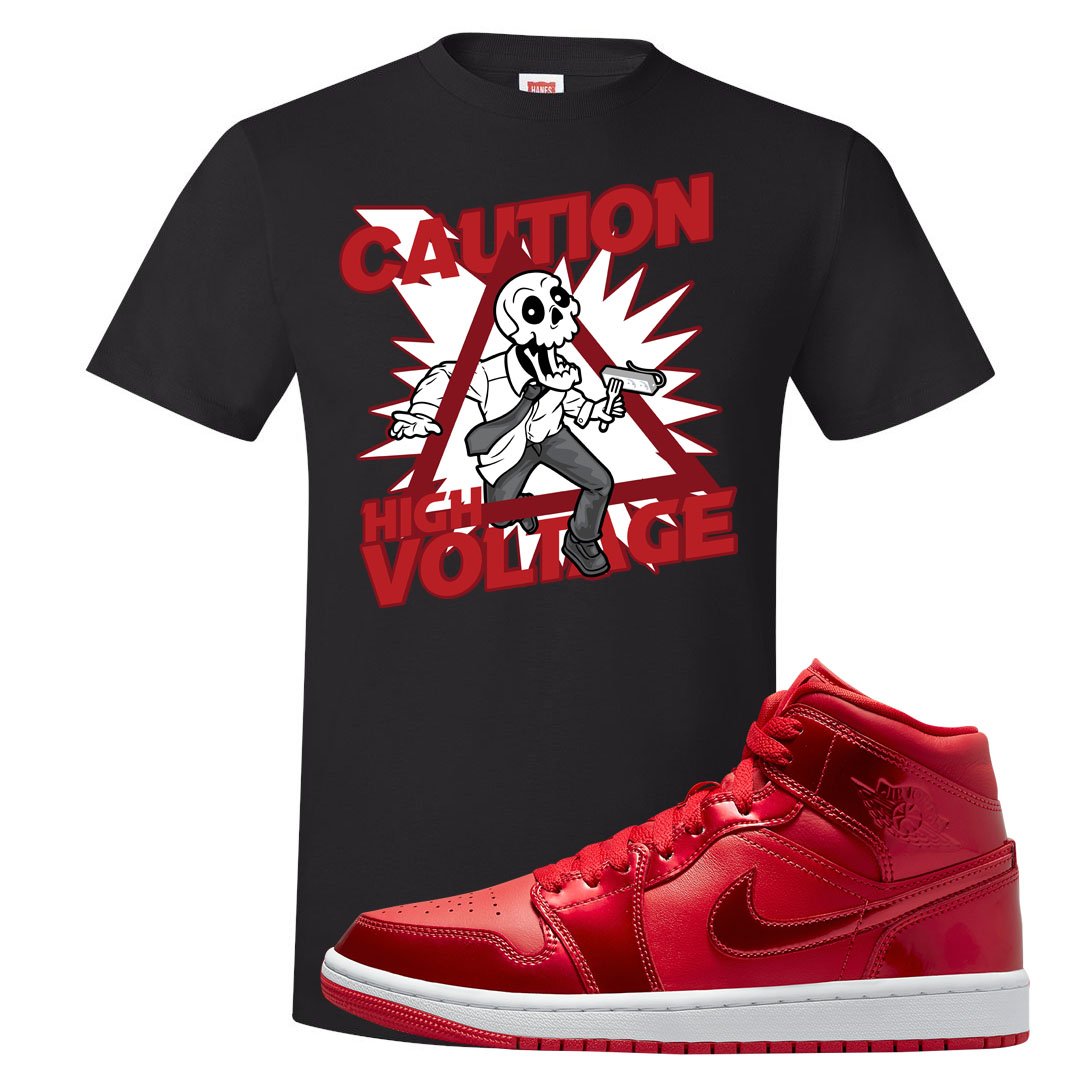 University Red Pomegranate Mid 1s T Shirt | Caution High Voltage, Black