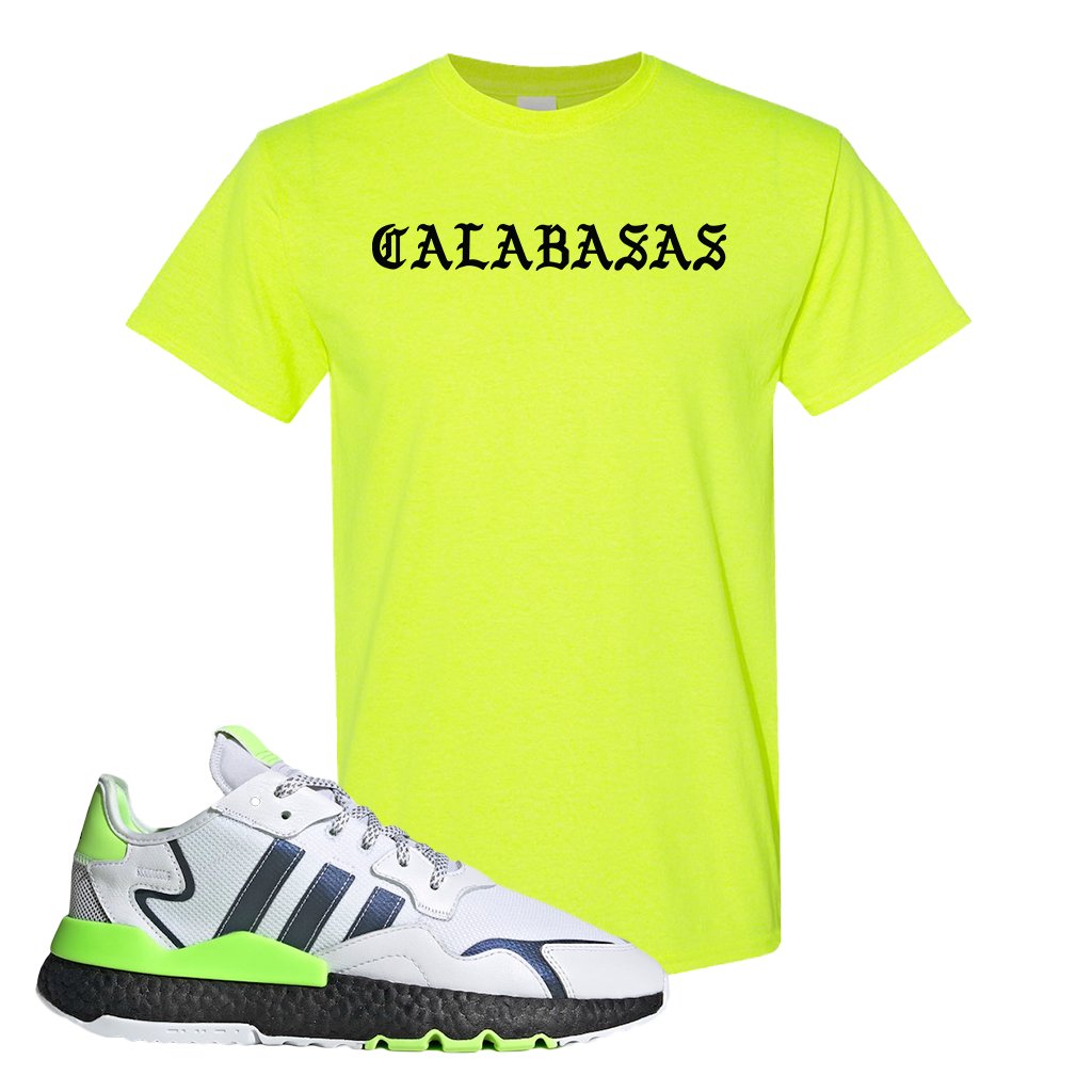 Nite Jogger Signal Green Sneaker Safety Green T Shirt | Tees to match Adidas Nite Jogger Signal Green Shoes | Calabasas