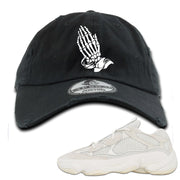 Bone White 500s Distressed Dad Hat | Praying Skeleton Hands, Black