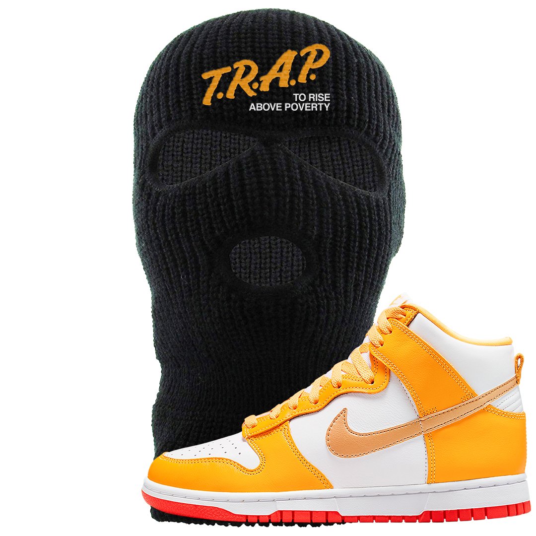 Yellow Gold Orange High Dunks Ski Mask | Trap To Rise Above Poverty, Black