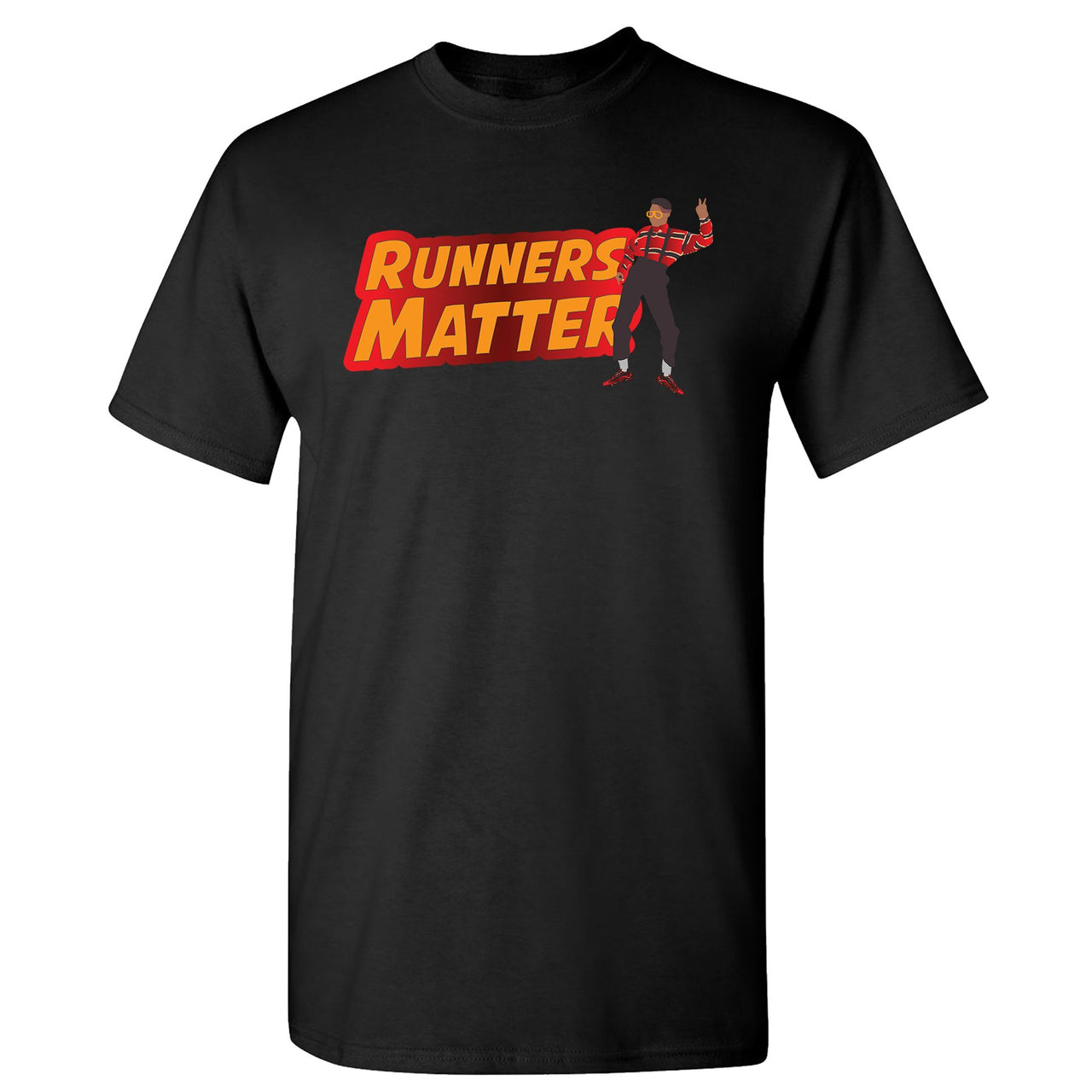 Printed on the front of the Air Max 97 Sunburst black sneaker matching t-shirt is the Runners Matter logo