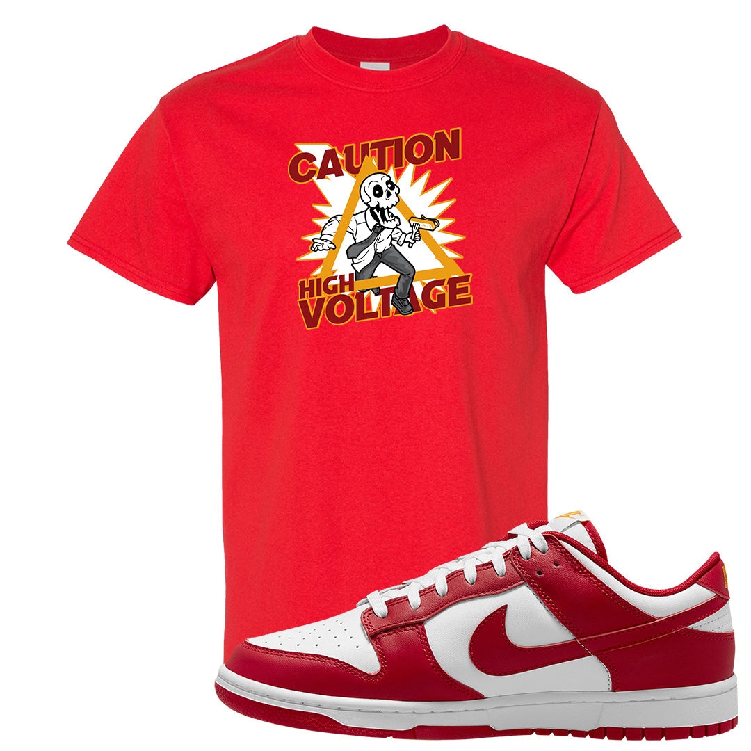 Red White Yellow Low Dunks T Shirt | Caution High Voltage, Red