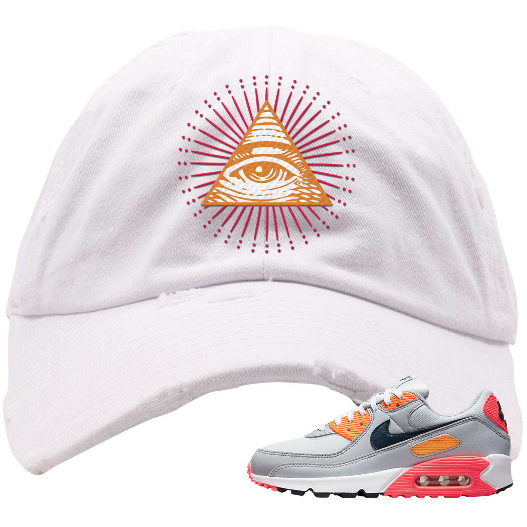 Sunset 90s Distressed Dad Hat | All Seeing Eye, White