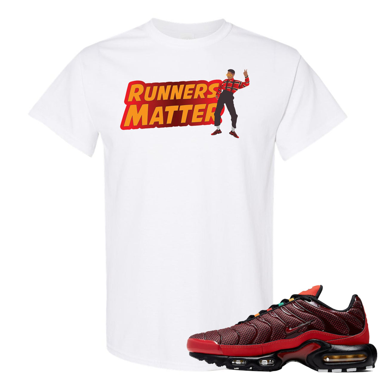 printed on the front of the air max plus sunburst sneaker matching white tee shirt is the runners matter logo