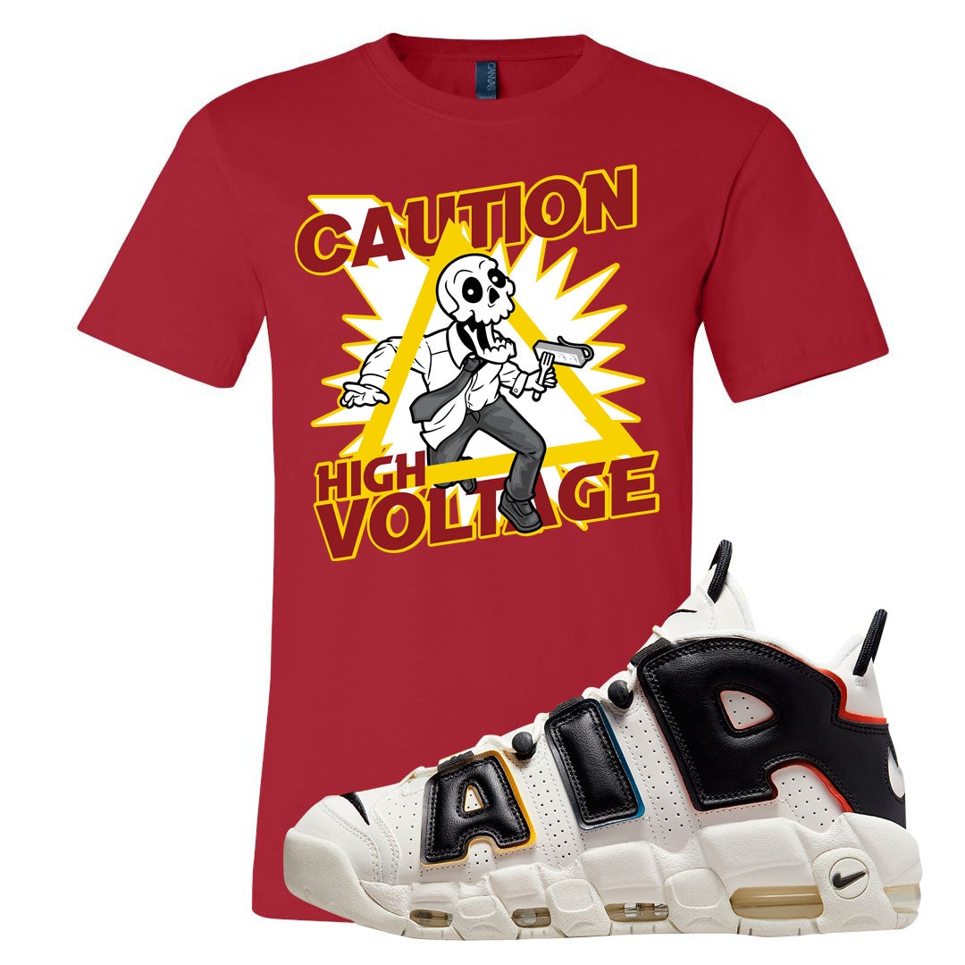 Multicolor Uptempos T Shirt | Caution High Voltage, Red