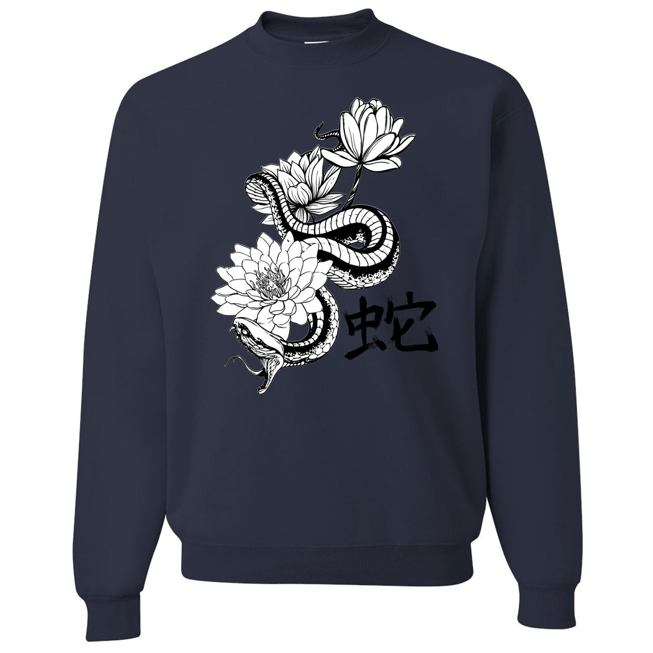 Snakeskin Low Blue 11s Crewneck Sweater | Snake With Lotus Flowers, Navy Blue