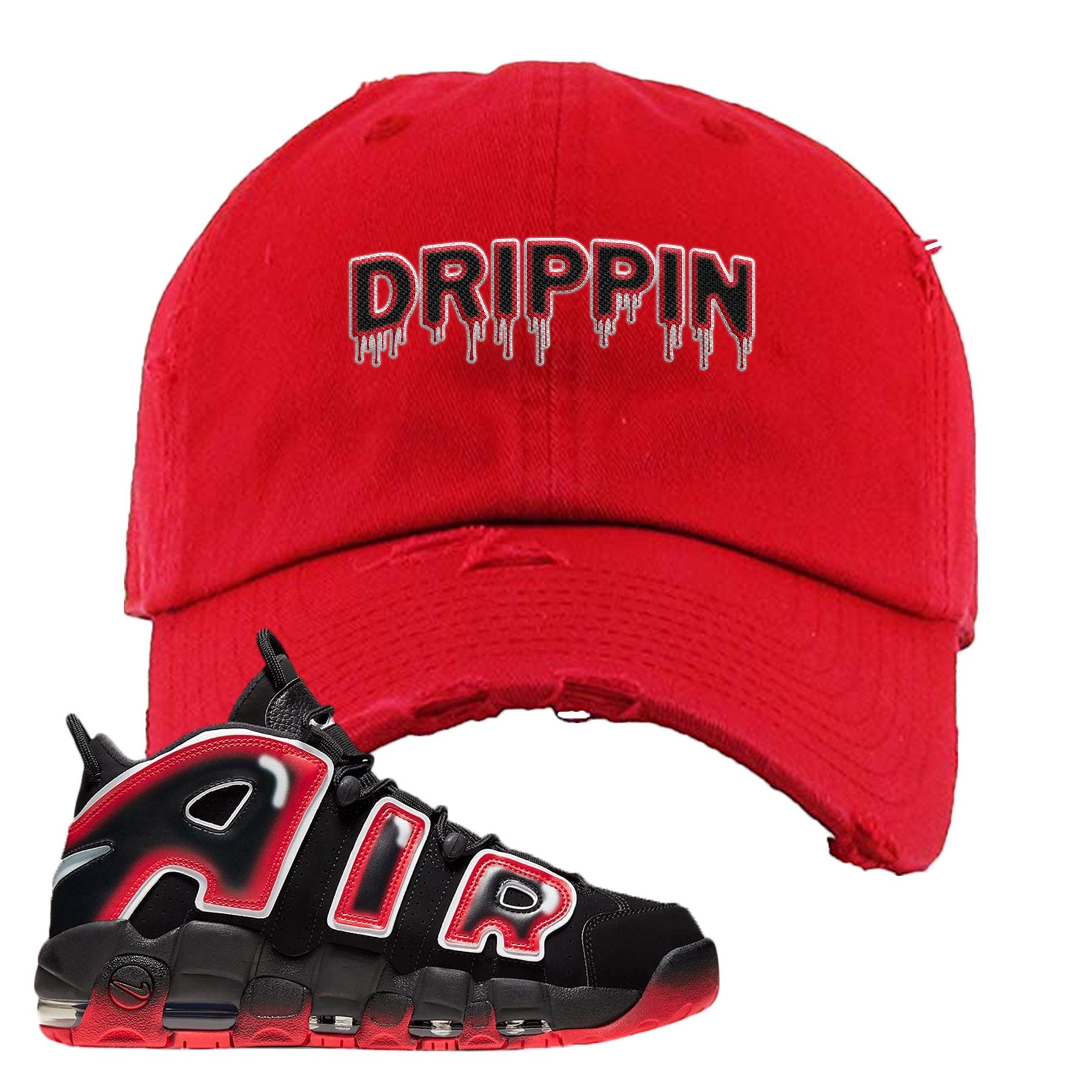 Air More Uptempo Laser Crimson Drippin Red Sneaker Hook Up Distressed Dad Hat