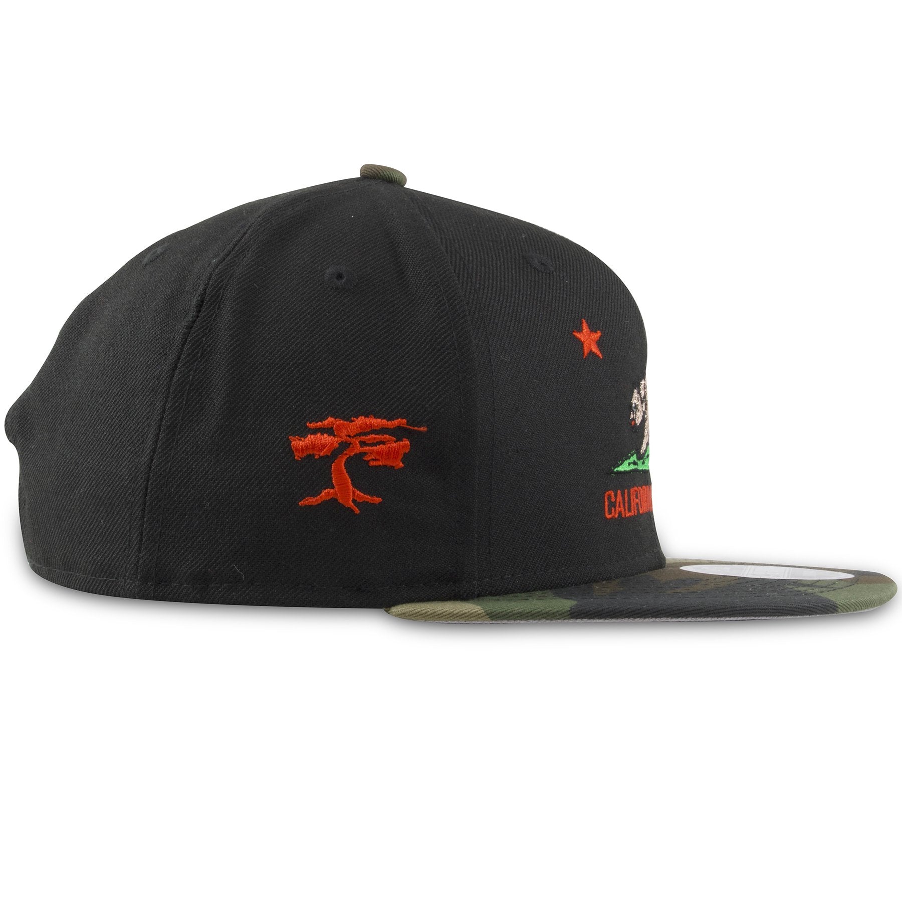 On the left side of the California Republic black on camouflage snapback hat is the Foot Clan bonsai tree logo embroidered in red