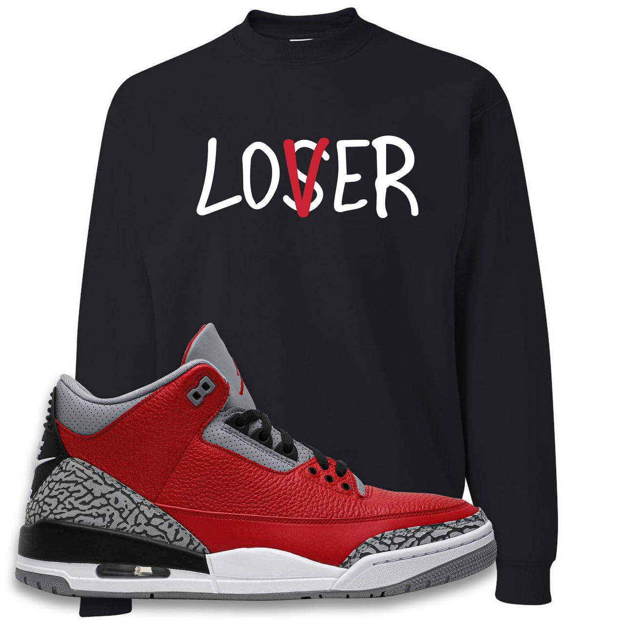 Chicago Exclusive Jordan 3 Red Cement Sneaker Black Crewneck Sweatshirt | Crewneck to match Jordan 3 All Star Red Cement Shoes | Lover