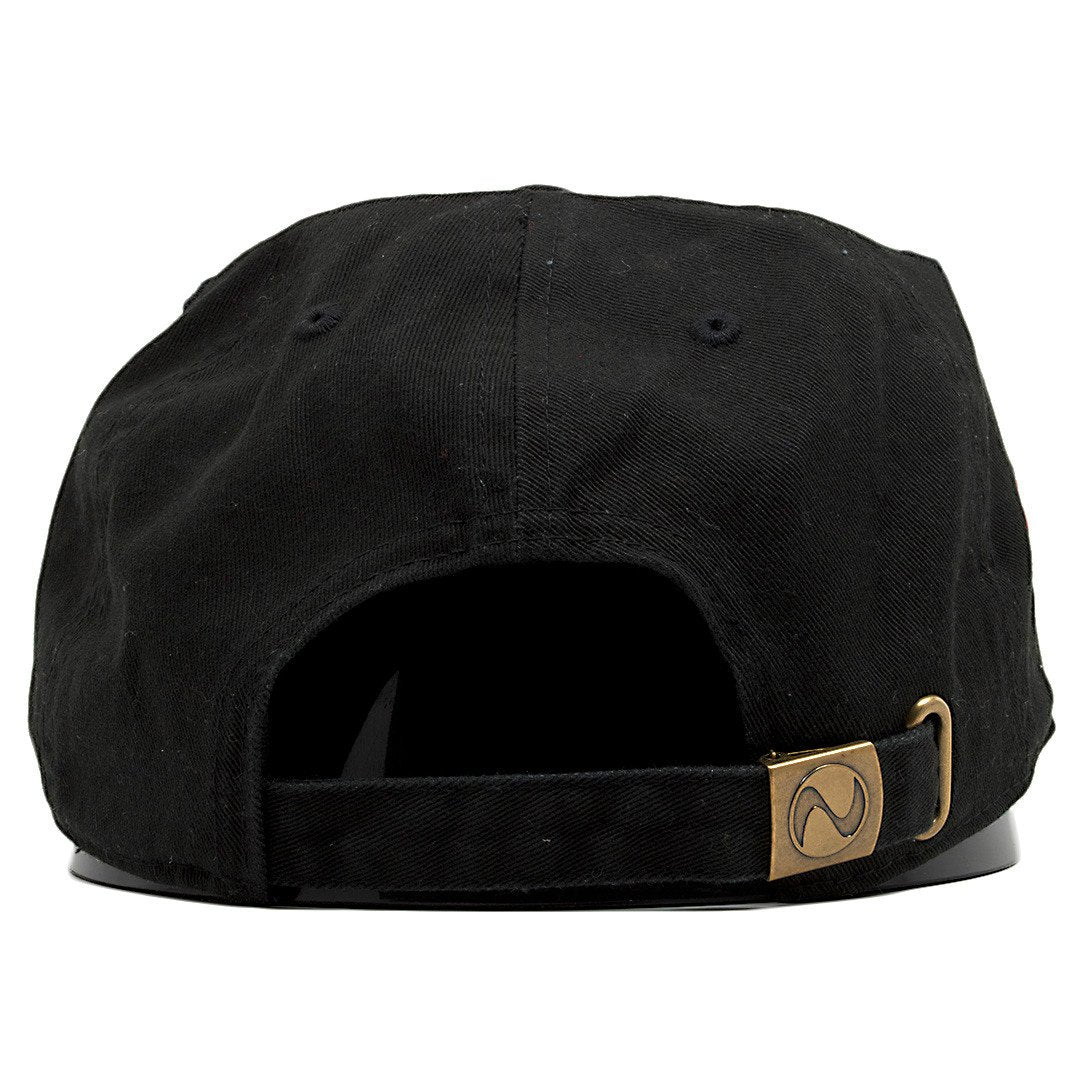 On the back of the California Republic Cali bear dad hat, there is a black adjustable strap with metallic buckle.