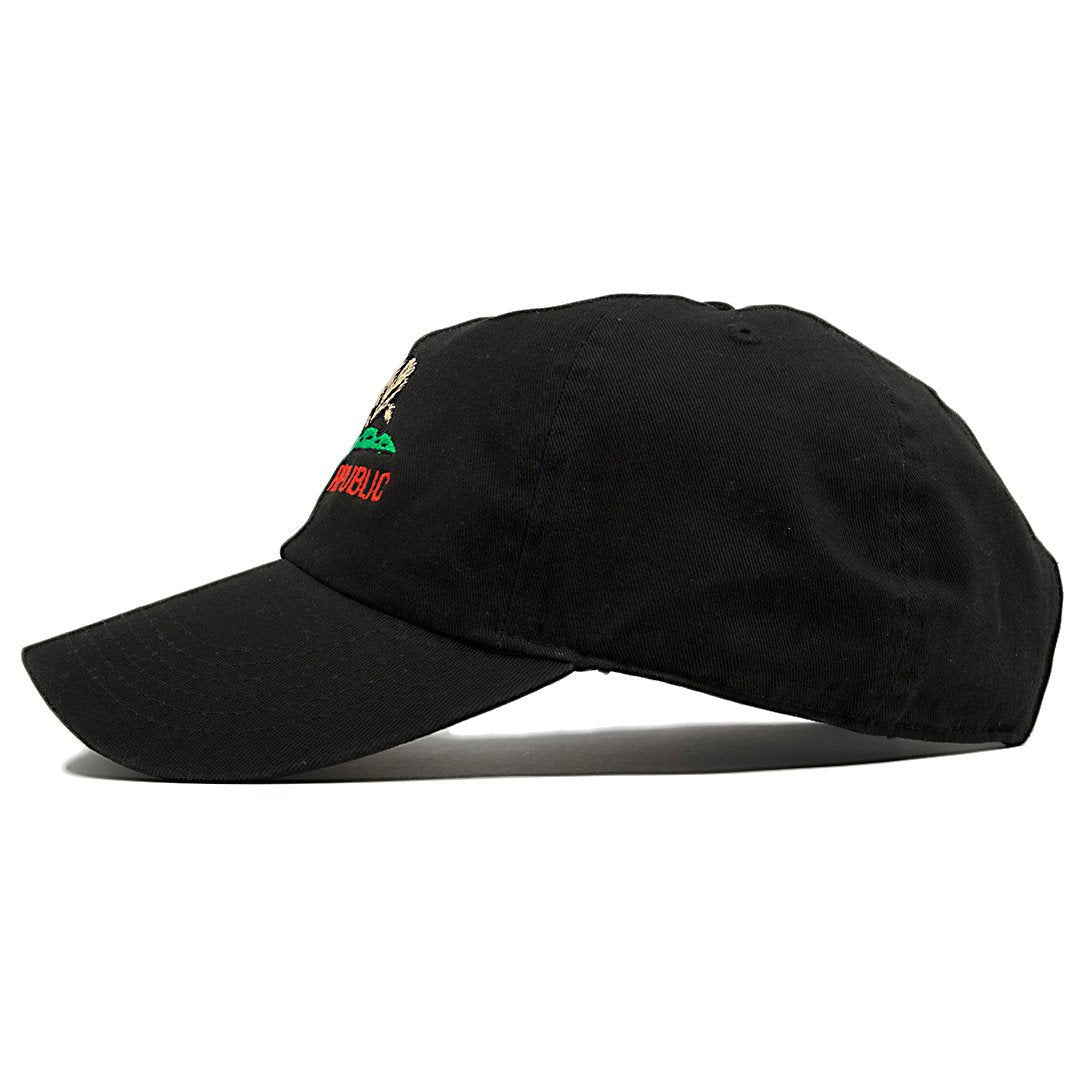 The California Republic Cali Bear black dad hat is made of 100% cotton and is solid black.