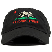 The California Republic Cali Bear black dad hat features the state of California's logo embroidered on the front of the dad hat in brown, green and red.