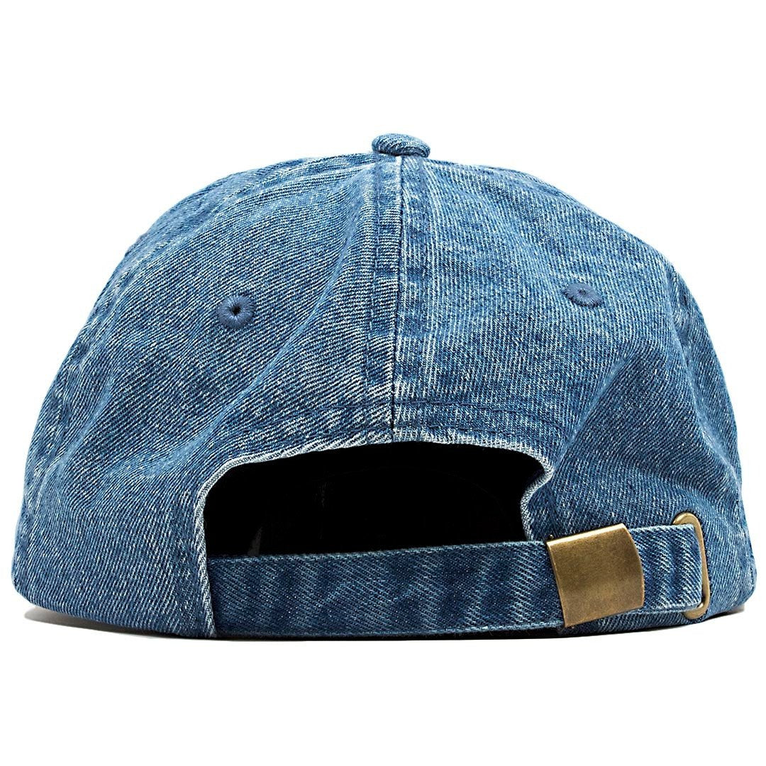 On the back of the California Republic Cali bear dad hat, there is a denim adjustable strap with a metallic buckle.