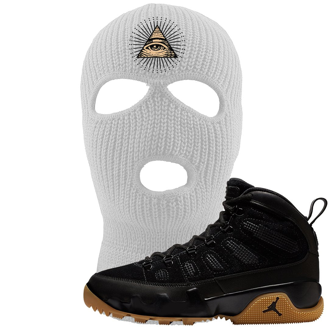 NRG Black Gum Boot 9s Ski Mask | All Seeing Eye, White