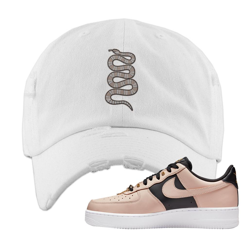 Air Force 1 Low Bling Tan Leather Distressed Dad Hat | Coiled Snake, White